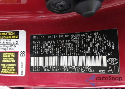 2011 Toyota Corolla Le z USA, uszkodzony, nr VIN 2T1BU4EEXBC674111